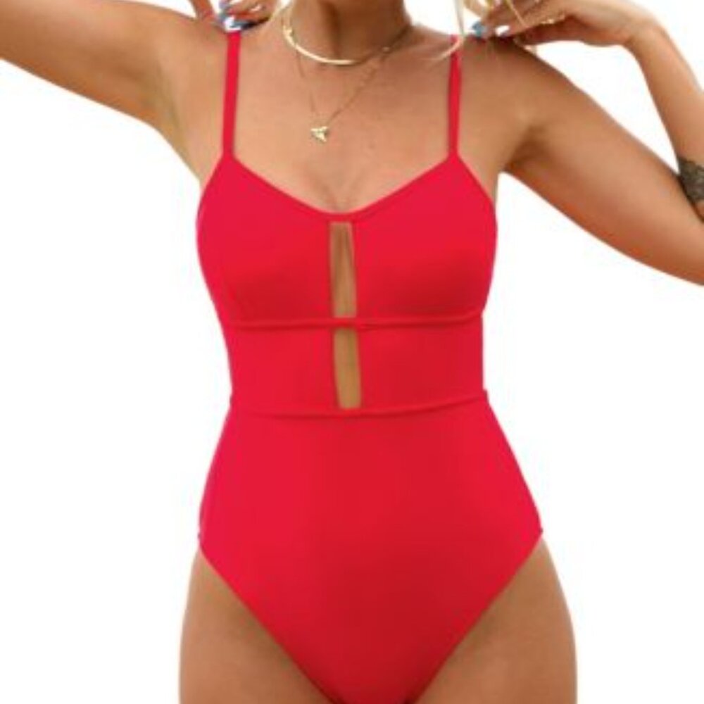 CUPSHE SCOOP NECK CUTOUT BACK TIE KEYHOLE FRONT ONE PIECE SWIMSUIT SIZE MED NWT